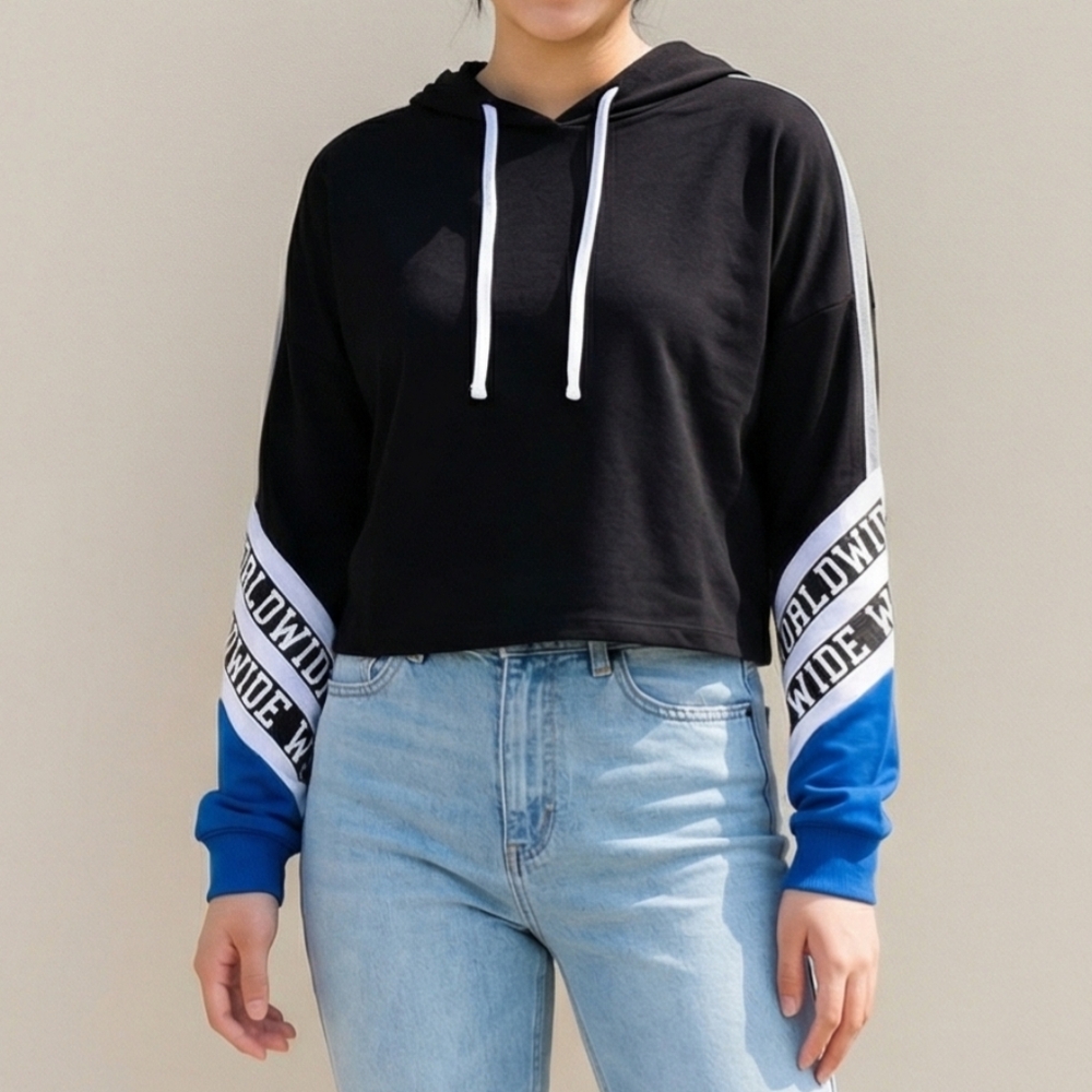 No Boundaries Cropped Hoodie Colorblock Black White Blue Size S (3-5)